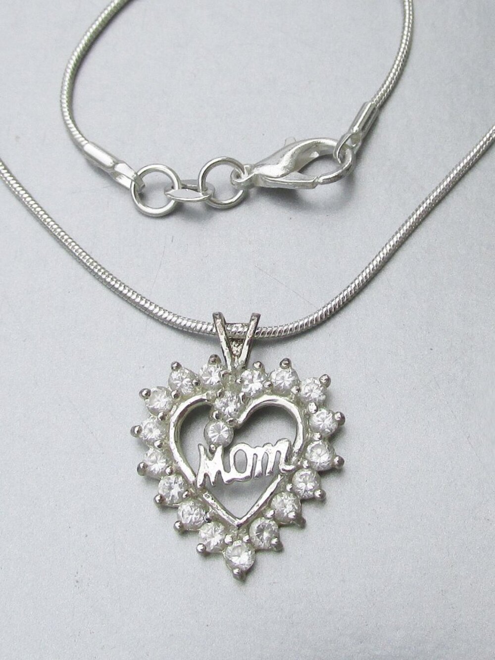 Vintage Sterling Silver Cubic Zirconia MOM in Heart Pendant Mother's Necklace